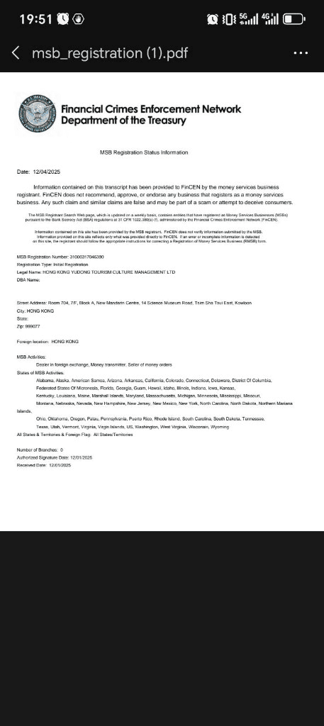 美国 FinCEN MSB 注册 — HONG KONG YUDONG TOURISM CULTURE MANAGEMENT LTD